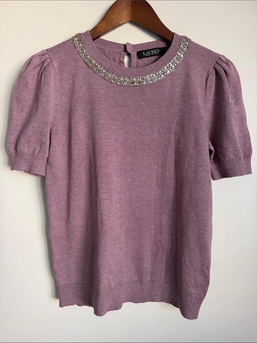 Lauren Ralph Lauren Dusty Mauve Beaded Crewneck Short Sleeve Sweater